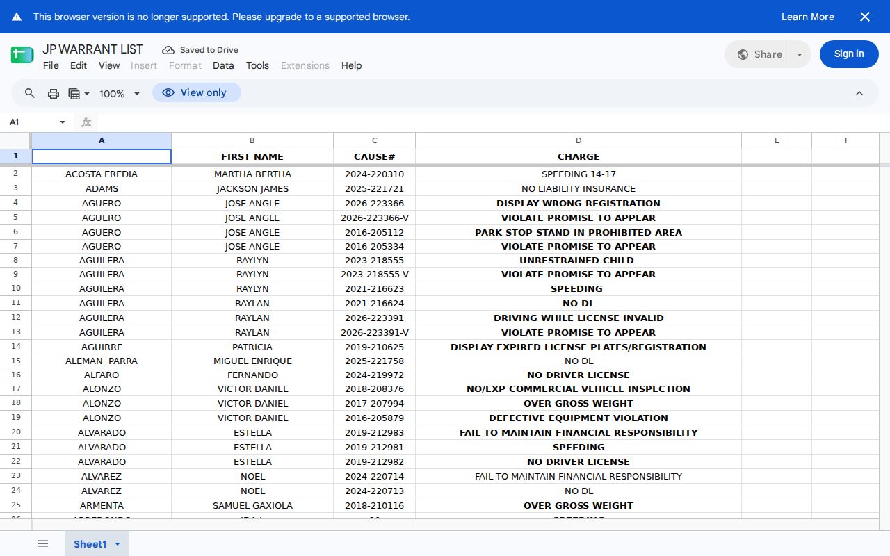 Deaf Smith County criminal docket warrant-list field layout