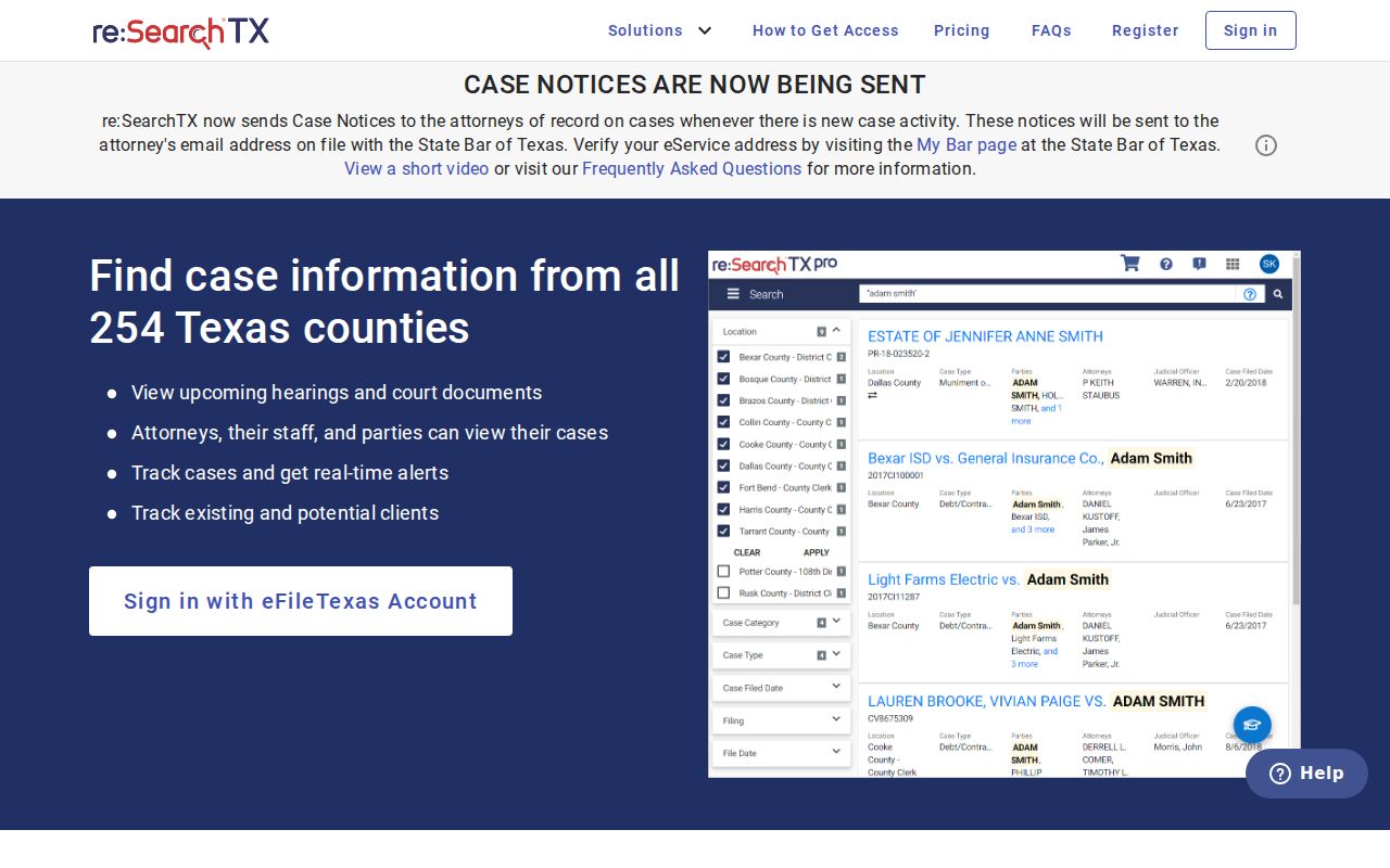 re:SearchTX landing and login page for Texas electronic court records